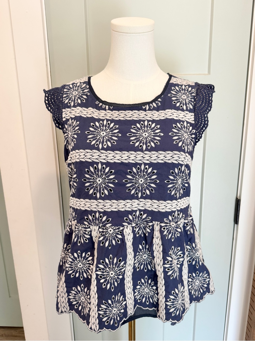 Skies Are Blue Embroidered Peplum Top Navy Coastal Preppy